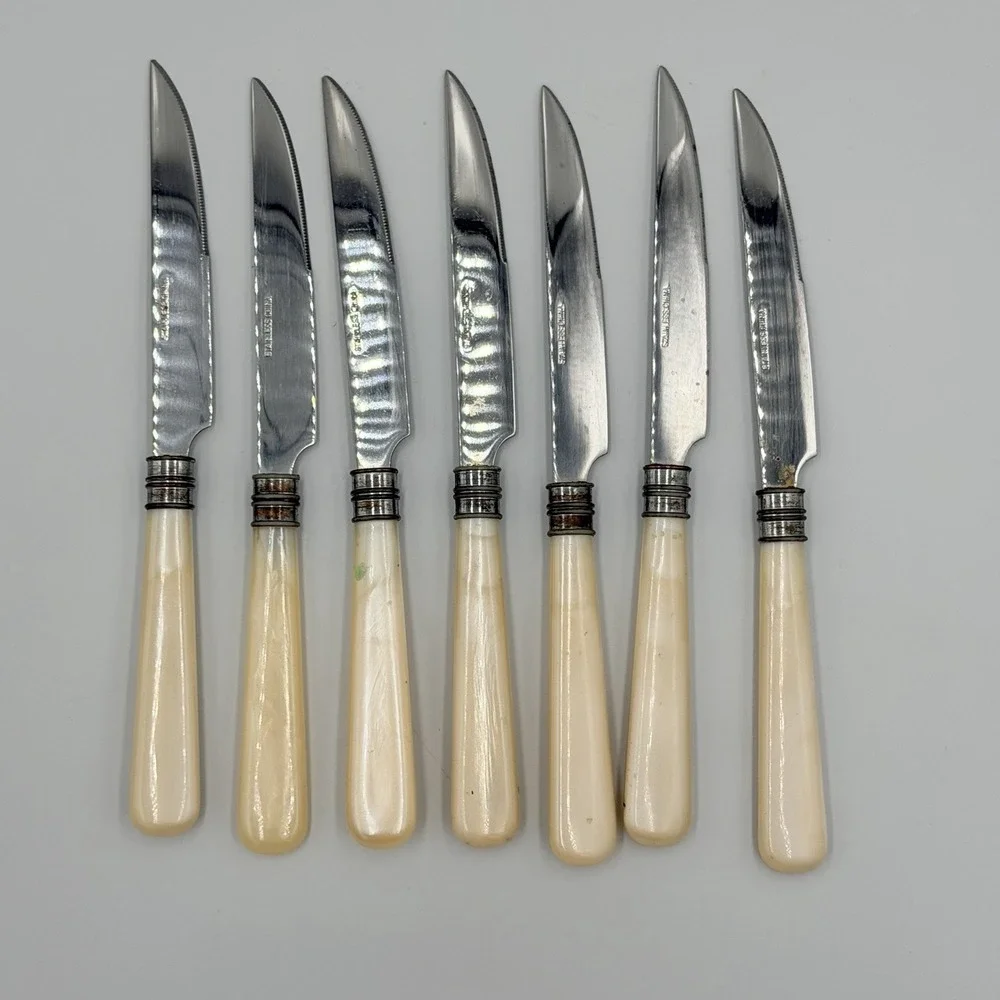 VTG Steak Knives Set 7 Faux Bone‎ Handle Stainless China Mid Century Retro